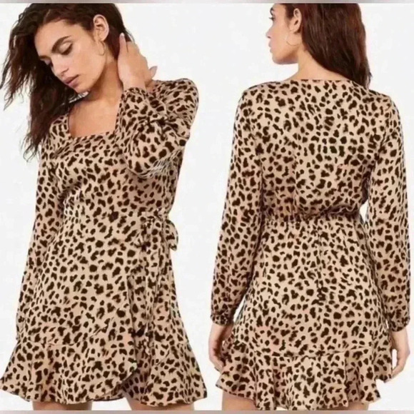 Express Leopard Print Square Neck Ruffle Wrap Dress - Picture 2 of 11